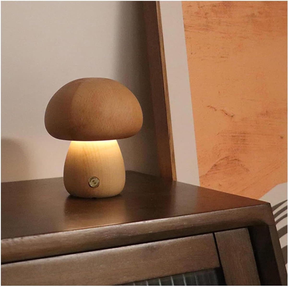 Paddestoel Lamp - Nachtlampje Hout - Sfeerverlichting Creëren - Dimbaar Licht - 10.9 x 9 cm - Beige