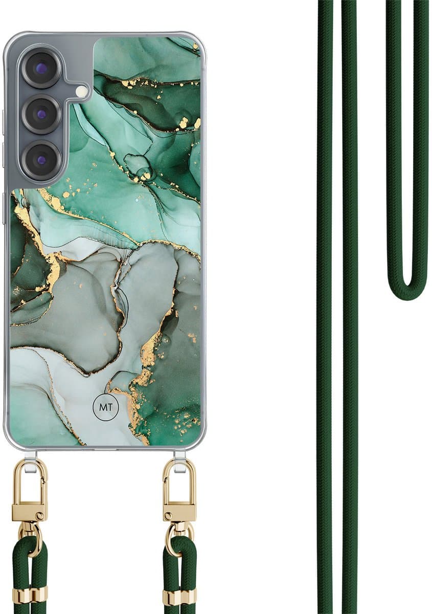Hoesje met koord geschikt voor Samsung Galaxy S25 - Marble Design - Inclusief Groen koord - Crossbody beschermhoes - Transparant, Grijs, Groen - Mooie Telefoonhoesjes