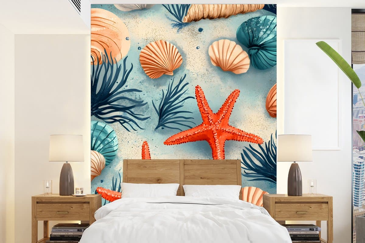 Behang - Fotobehang Zeesterren - Schelpen - Illustratie - Zand - Breedte 165 cm x hoogte 220 cm