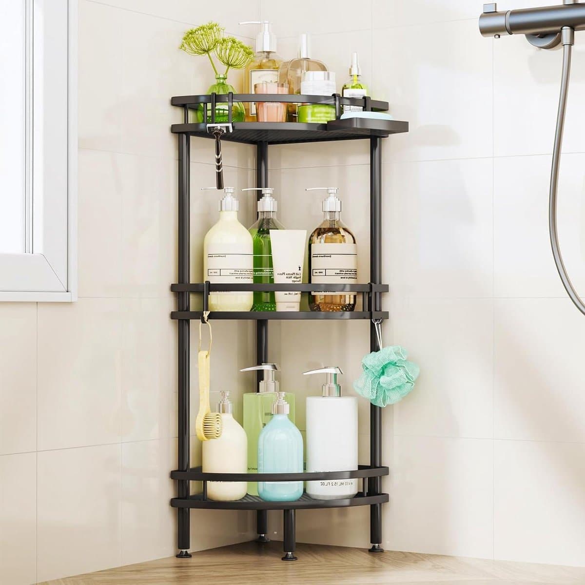 Douchehoek Organizer - Badkamer Plank - Ruimte Besparen - Boorvrije Montage - 3 Laags - Zwart