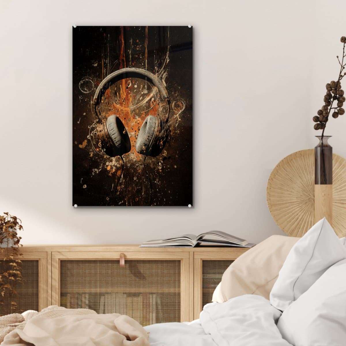 MuchoWow® Glasschilderij 40x60 cm - Schilderij acrylglas - Koptelefoon - Bruin - Dynamische penseelstreken - Foto op glas - Muurdecoratie woonkamer - Wanddecoratie slaapkamer - Schilderijen