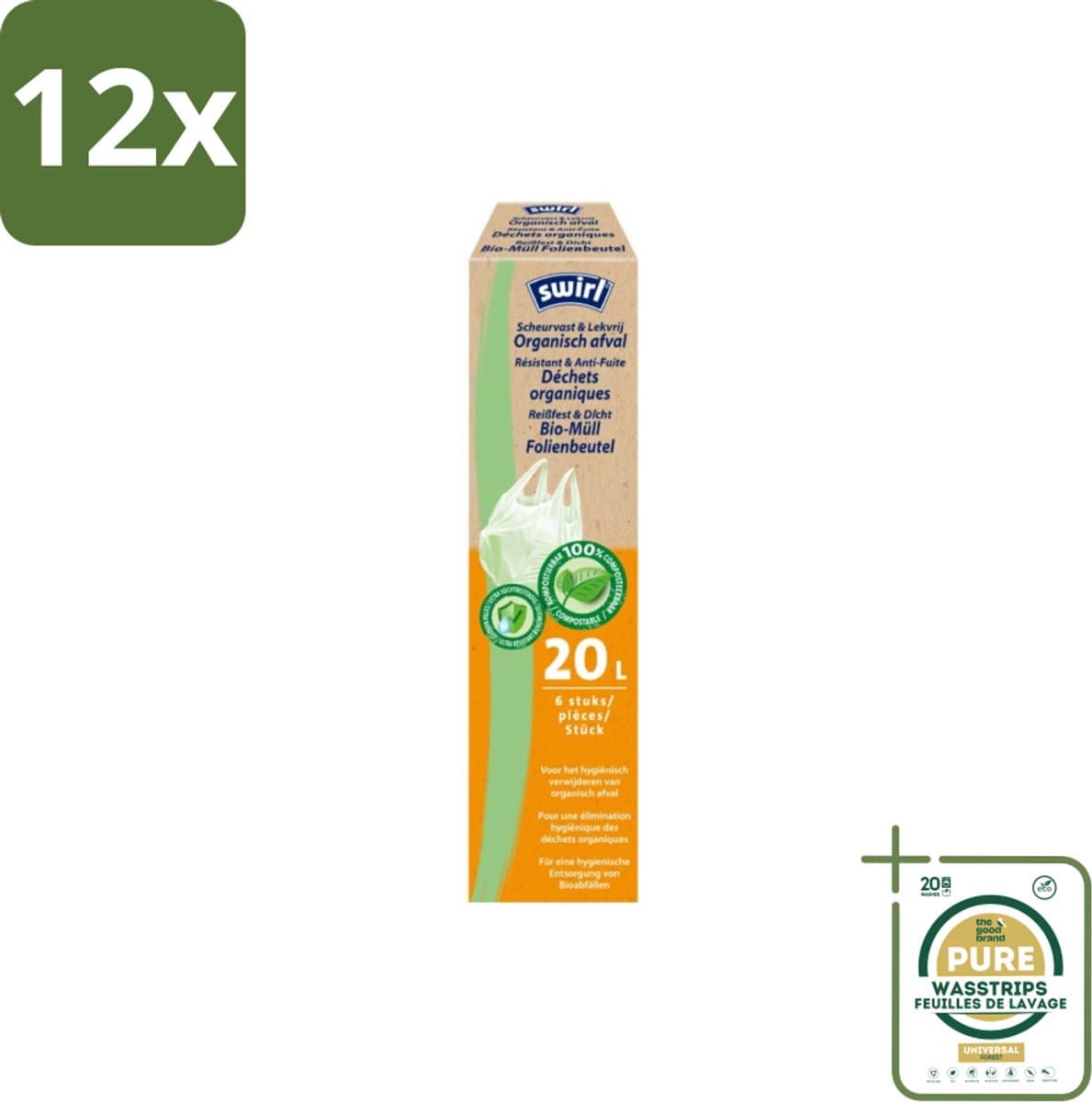 Swirl – Pedaalemmerzakken – Bio – 20 L – 6 zakken - Voordeelverpakking - 12 stuks - Pedaalemmerzak 20 l - Afvalzak