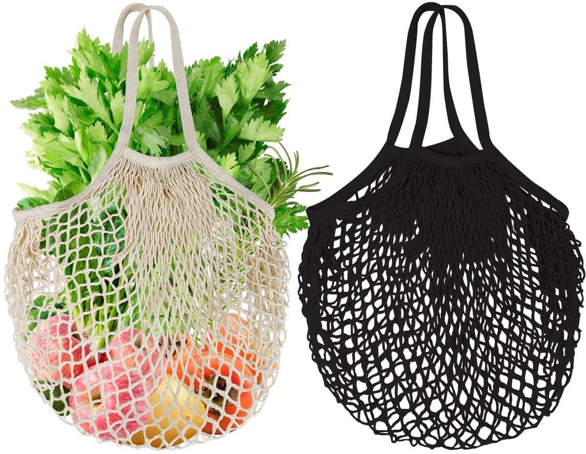 Stunq® 2 Stuks Herbruikbare Mesh Boodschappennettassen van Biologisch Katoen met Lange Handgreep – Perfect voor Groenten & Fruit