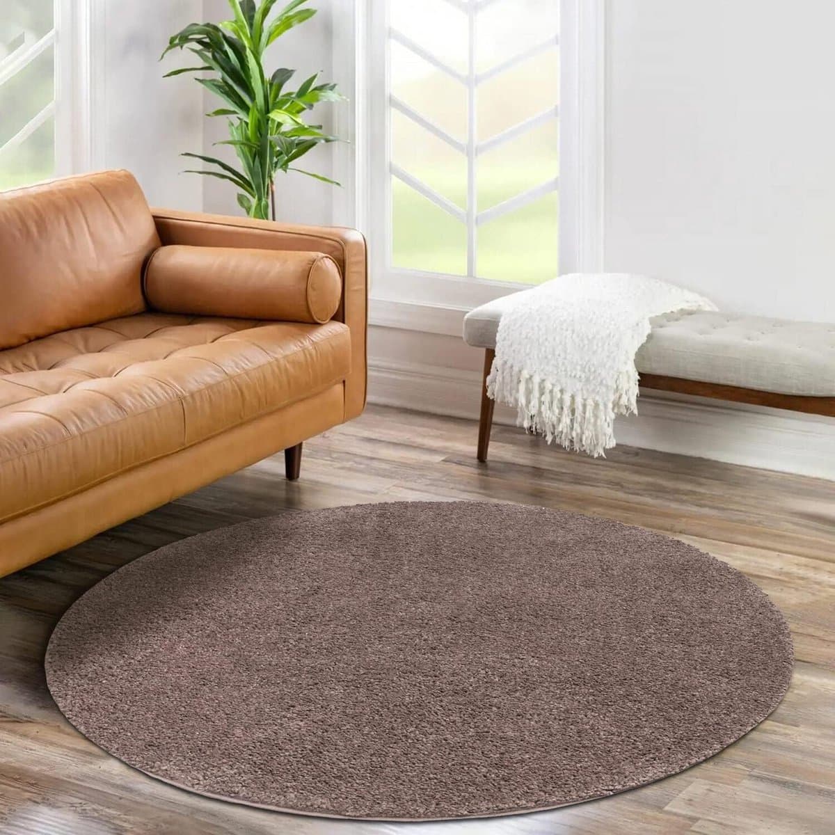 Hoogpolig Tapijt - Shaggy Vloerkleed - Woonkamer Decoratie - Knuffelzacht Pluche - 80 cm Rond - Bruin
