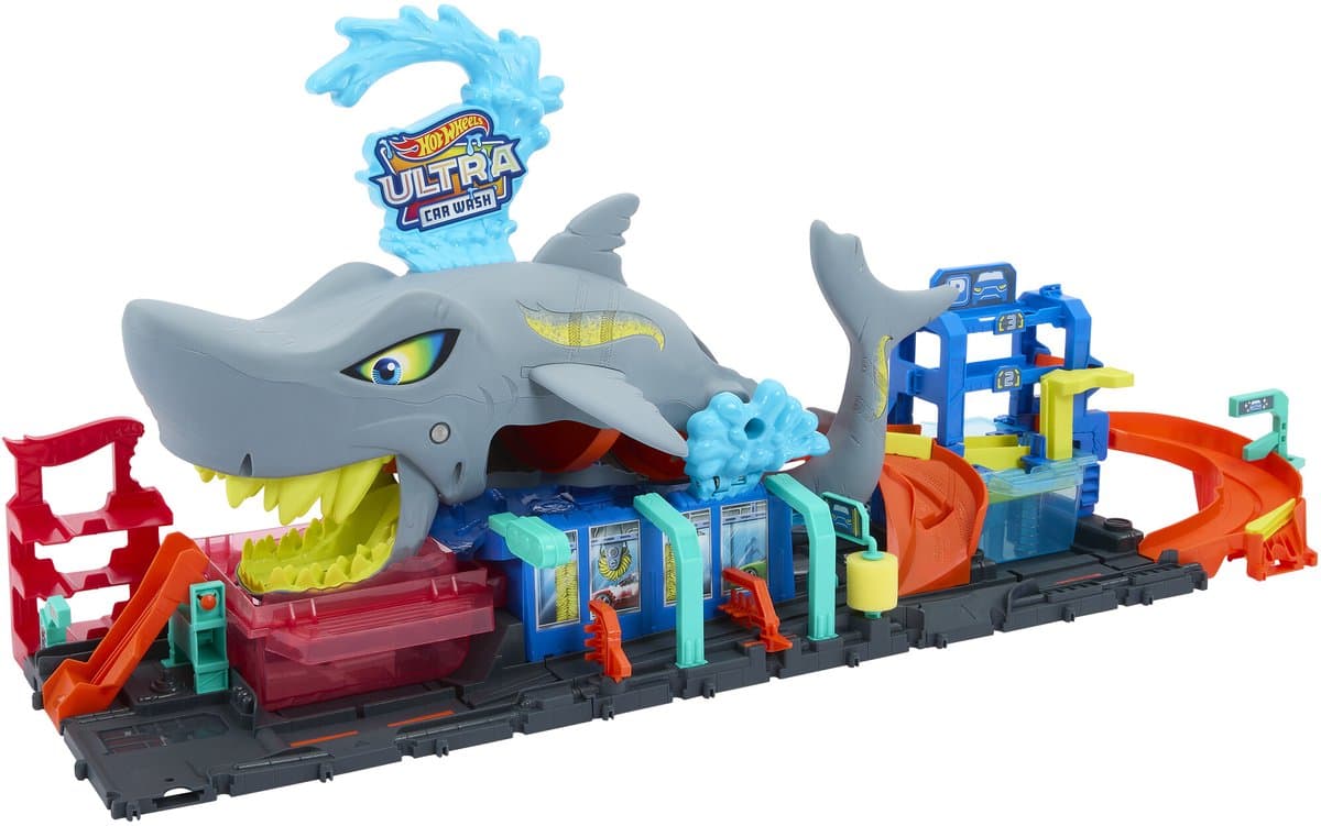 Hot Wheels City shark attack autowasstraat speelset - 91 x 82,55 cm, meerkleurig