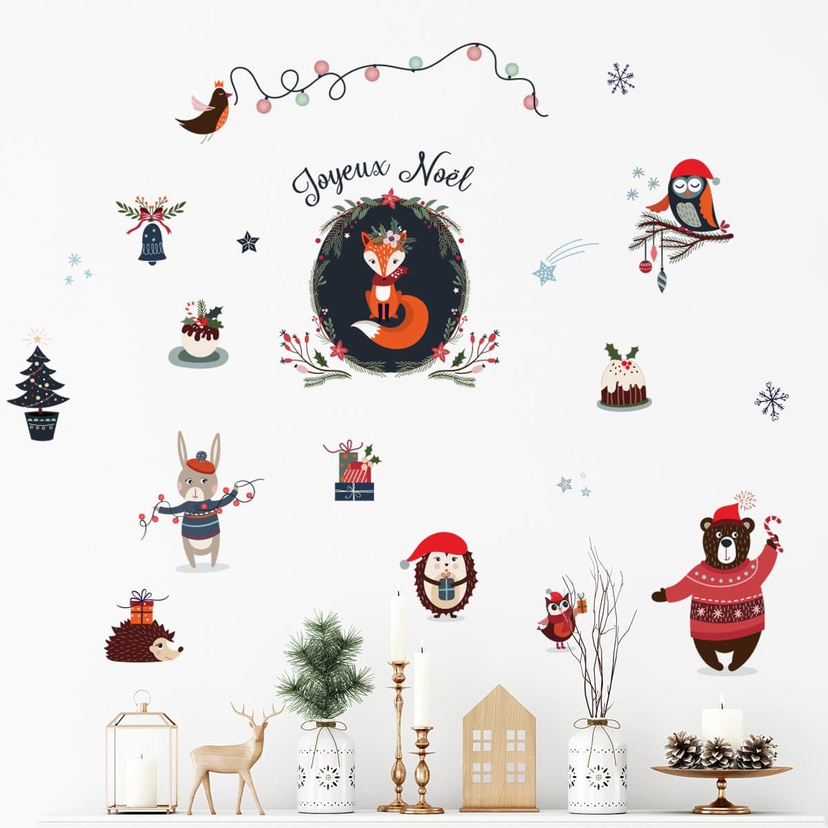 Kerststickers voor kinderen: Feestvierende dieren - Zelfklevende kerststickers - Feestdecoratie - 60x75cm