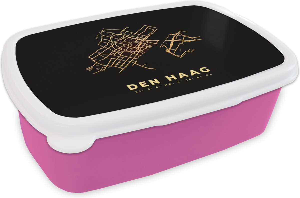 Broodtrommel Roze - Lunchbox - Brooddoos - Den Haag - Kaart - Plattegrond - Stadskaart - 18x12x6 cm - Kinderen - Meisje
