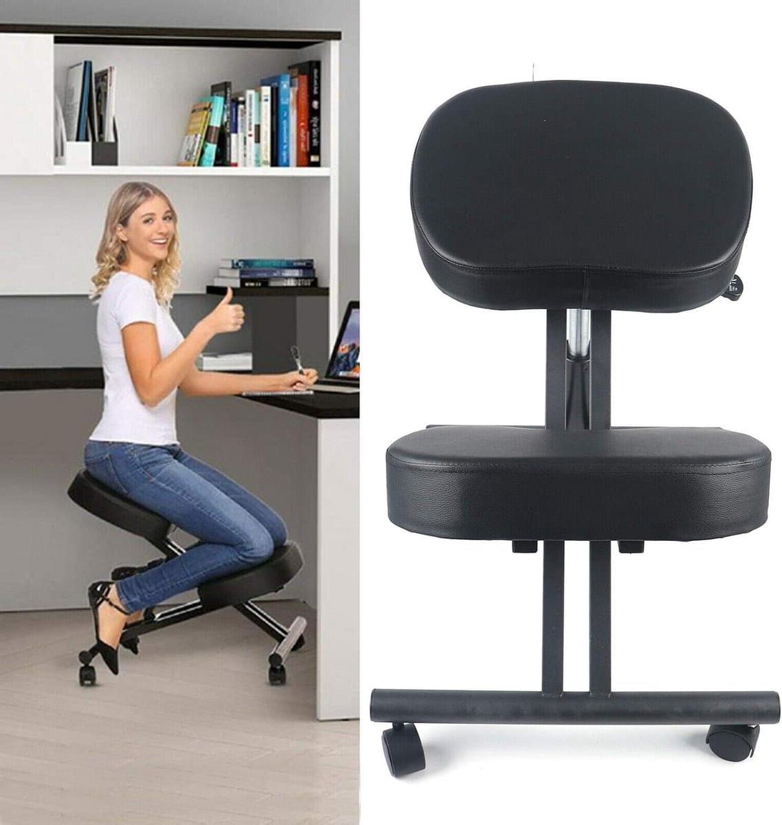 Ergonomische Kniestoe l - Kniekruk Verstelbaar - Verbeteren Zithouding - Stalen Frame - 250 pond - Zwart