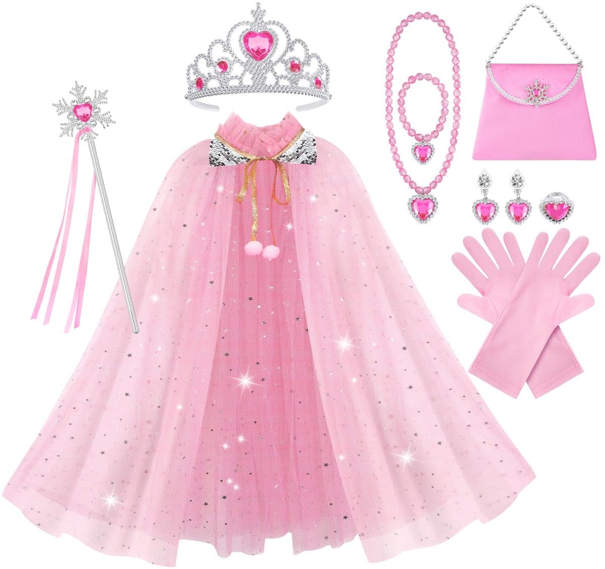 Vicloon Prinsessenjurk-accessoires, verkleedmantel met kroon, toverstaf voor meisjes, kerstfeest-cosplay-set, 11 stuks