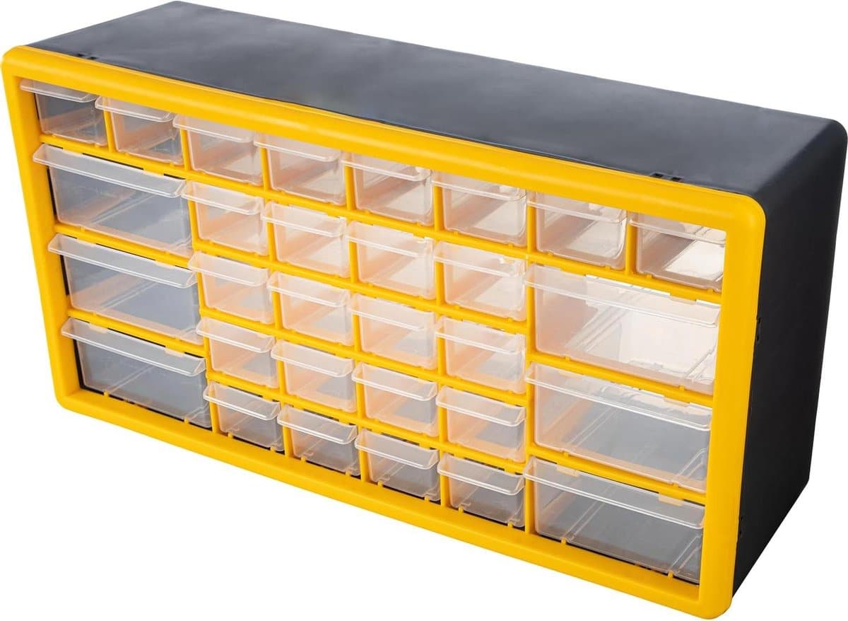 Opbergkast Lades - Organiser Bakken - Kleine Onderdelen Sorteren - 30 Transparante Laden - 498 cm Breed - Geel