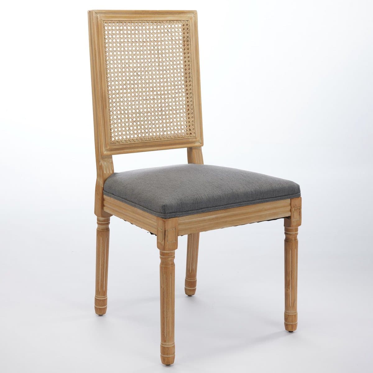 Merax Eetkamerstoelen Set Van 2 - Grijs Linnen - Rotan Rugleuning - Massief Houten Frame - Franse Landelijke Stijl