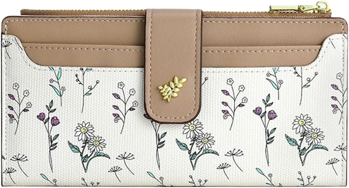 Dunne Portemonnee Dames - Bloemen Portemonnee - Dagelijks Gebruik - Met Ritsvak - 9 x 19 x 1.5 cm - Kaki