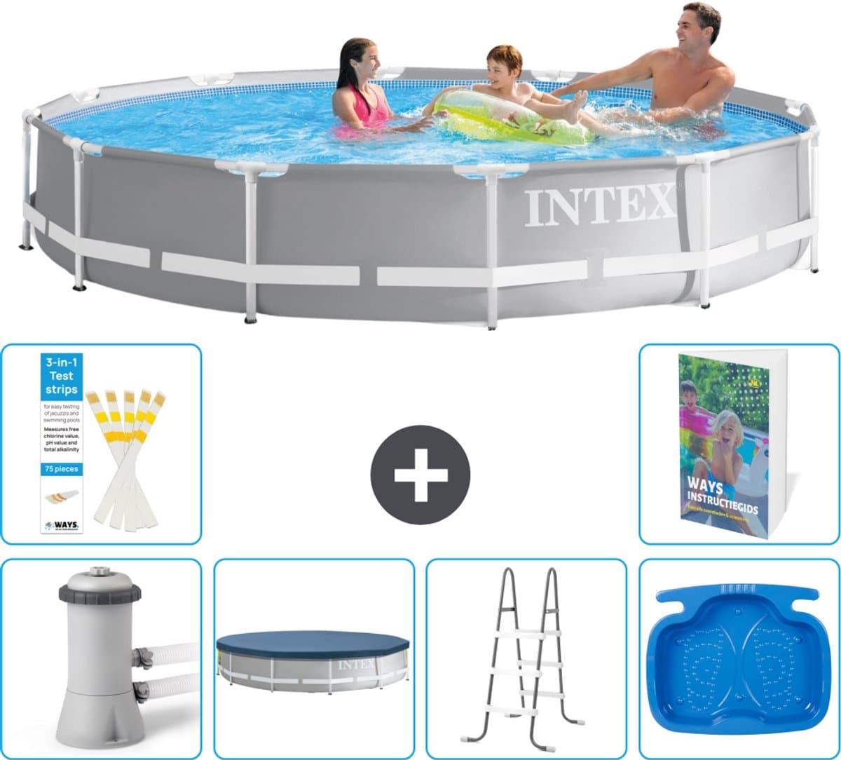 Intex Rond Prism Frame Zwembad - 366 x 76 cm - Grijs - Inclusief Pomp - Afdekzeil - Ladder - Voetenbad - 7-delig