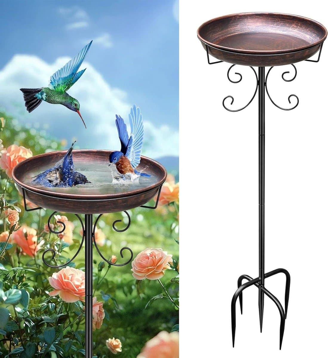 Vogelbad Staand - Waterbad Tuin - Vogels Voeren - Verbeterde Stabiele Basis - 89 cm Hoog - Antiek Bruin