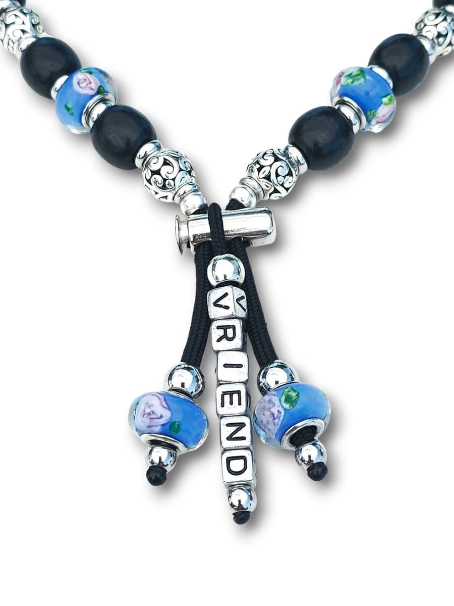 Halsketting hond, blauwe Pandora-stijl kralen, Paracord, Maat L 41-50 CM