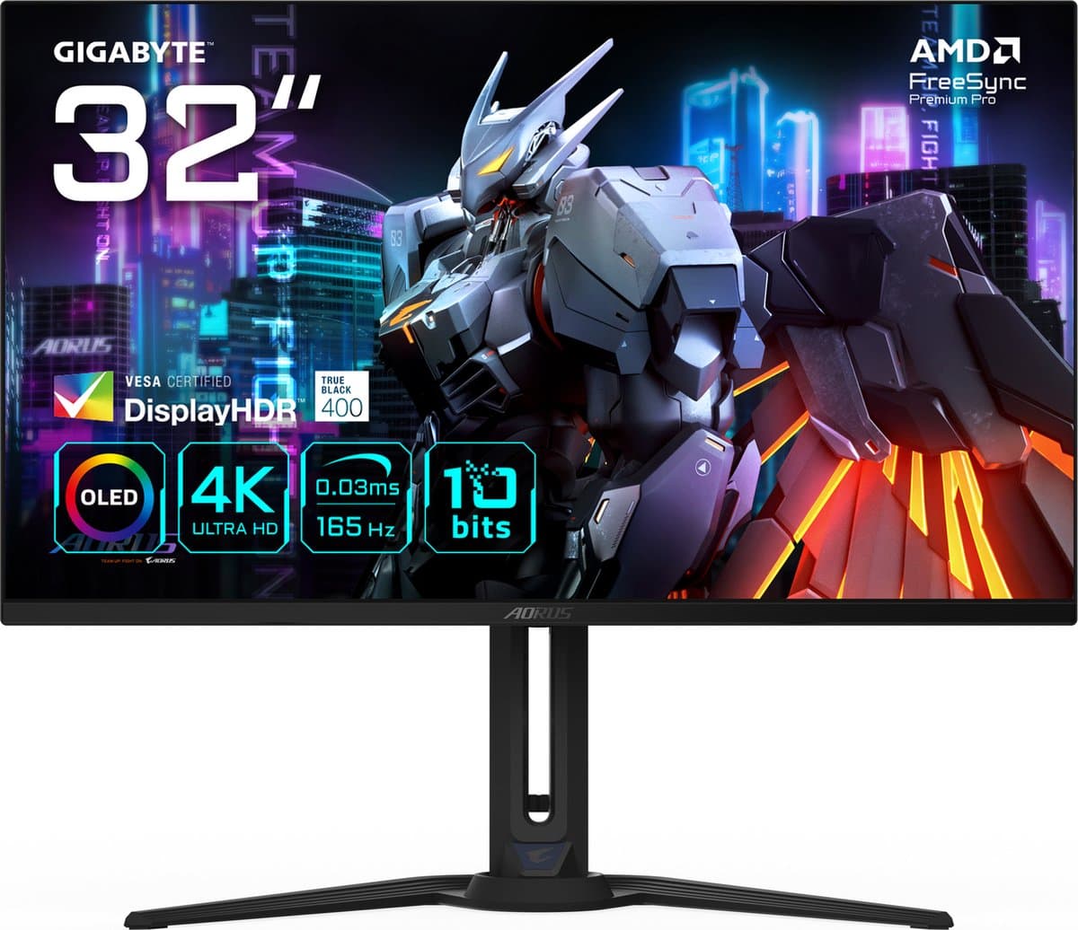 GIGABYTE AORUS FO32U - QD-OLED Monitor - 31.5'' - OLED - 3840x2160 (4K) - 165 Hz - 0.03 ms - 250 cd/m² - 1500000:1 - FreeSync Premium Pro - zwart