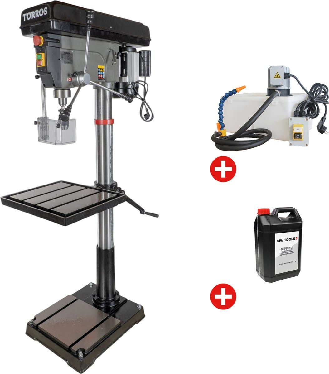 Professionele kolomboormachine boren tot ø 30 mm MK3 1,5 kW 230V met koelvloeistofsysteem en bus 5L koelmiddel Torros DF30M PACK COOL