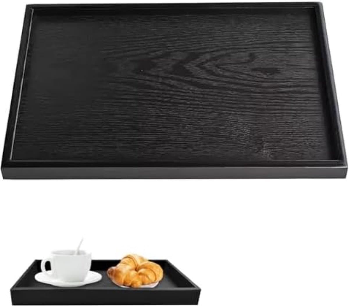 Houten dienblad, antislip, zwart, rechthoekig, natuurlijk dienblad zwart, houten dienblad voor thee, gerechten, dranken, keukengerei, restaurants en bars (30 x 20 x 2 cm)