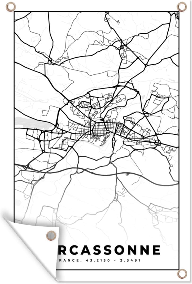 Tuindecoratie Kaart - Plattegrond - Frankrijk - Stadskaart - Carcassonne - Zwart wit - 40x60 cm - Tuinposter - Tuindoek