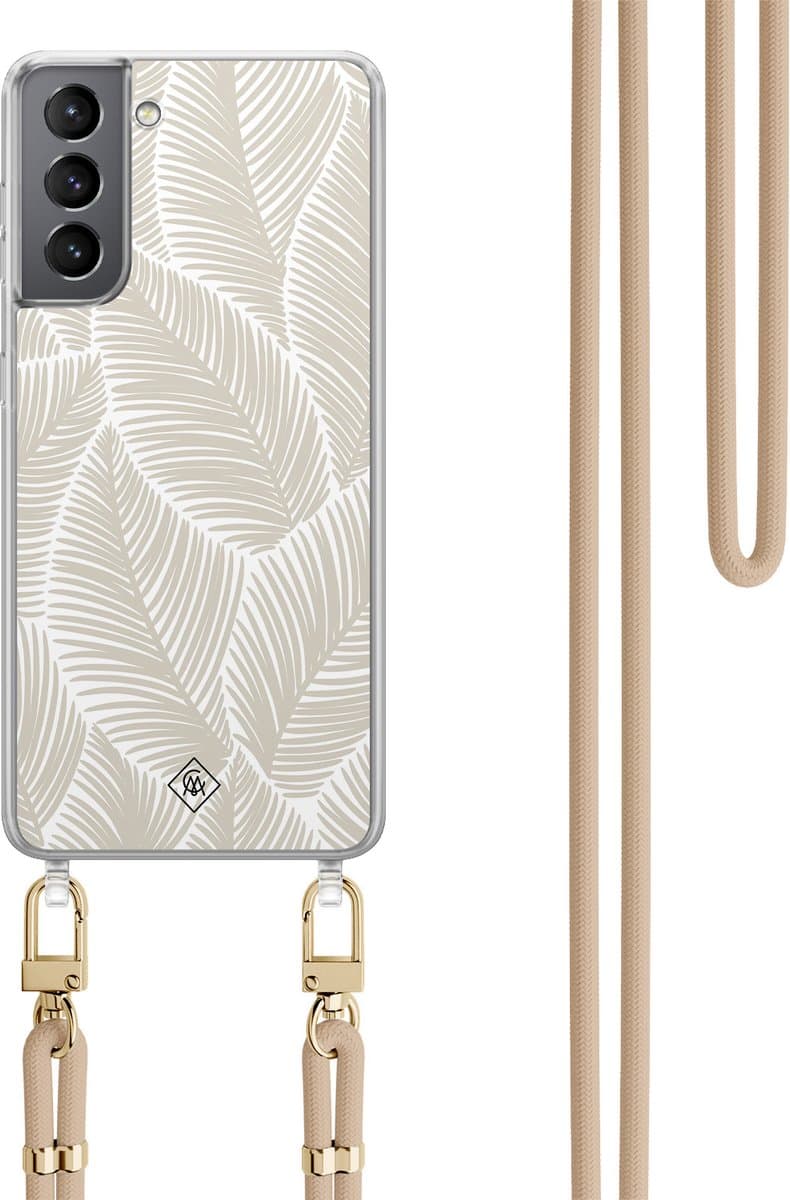 Casimoda® hoesje met koord - Geschikt voor Samsung S21 - Palm Leaves Beige - Afneembaar koord - TPU/polycarbonaat - Bruin/beige