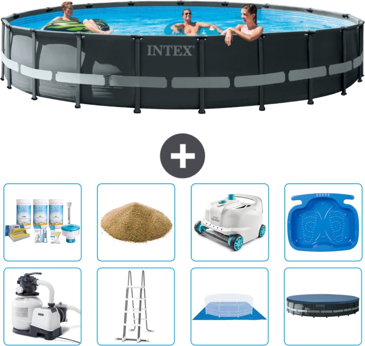 Intex Rond Ultra XTR Frame Zwembad - 610 x 122 cm - Inclusief Pomp - Ladder - Grondzeil - Afdekzeil Onderhoudspakket - Filterzand - Stofzuiger - Voetenbad