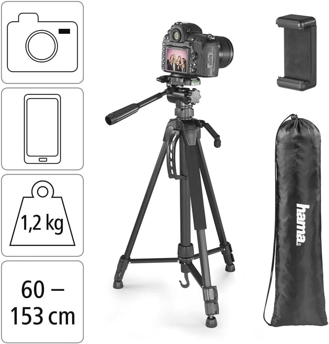 Lichtgewicht Camera Statief met 3-Weg Kop voor Mobiele Telefoons en Spiegelreflexcamera's - Verstelbaar van 60 tot 153 cm