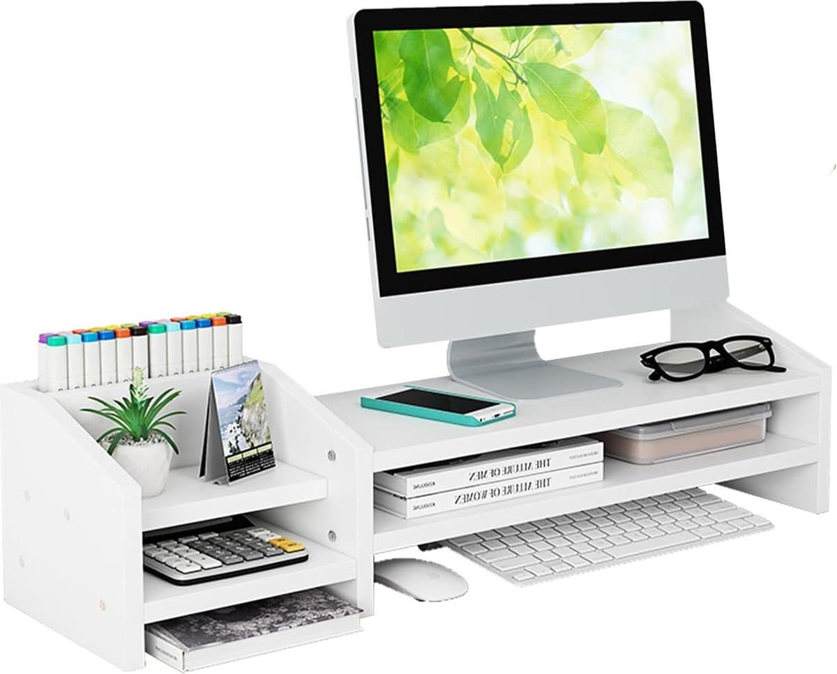 2 niveaus houten monitorverhoger met opbergorganizer - multifunctionele bureau-organizer voor computer laptop printer (wit)