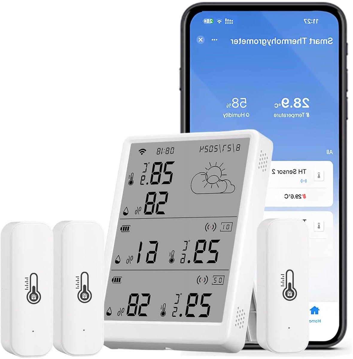 Hygrometer Thermometer - Temperatuur Vochtigheid Sensor - Omgeving Monitoren - App Notificaties - 3 Sensoren + Basisstation - Wit