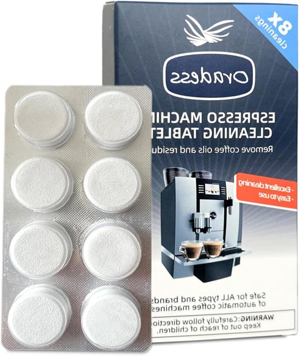 Reinigingstabletten voor koffiemachines (8 stuks) - Verwijder koffieolie en vetresten, ideaal voor volautomatische apparaten en onderhoud.