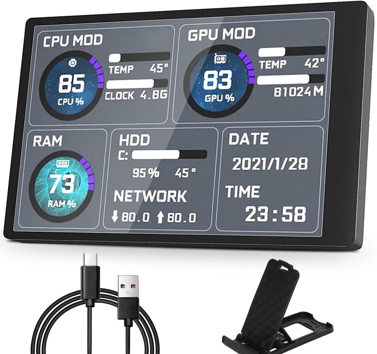 Allecto - PC CPU-gegevensmonitor - Temperatuurmonitor - 5 Inch USB-minischerm - Gegevensmonitor voor PC CPU RAM - Geschikt voor computergebruik..