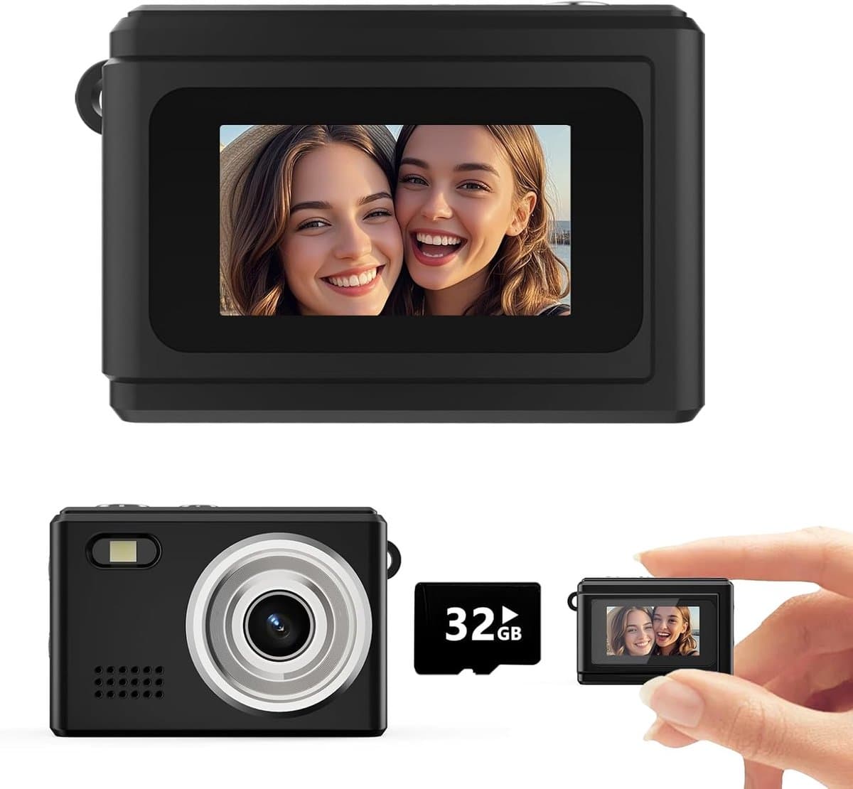Camera - Digitale camera - Mini-digitale camera - 32GB-kaart - 1080P – Draagkoord & metalen ketting - Vintage - Verjaardagscadeaus voor vrouwen en mannen, afstudeercadeaus voor tieners (meisjes en jongens) - Zwart