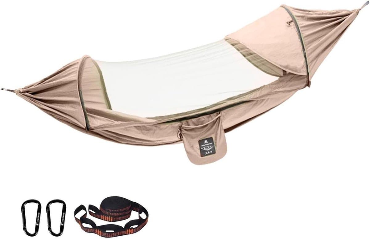 Camping hangmat - Rugzak hangmat - Outdoor relaxen - Geïntegreerd muggennet - 270 x 140 cm - Goudkleurig