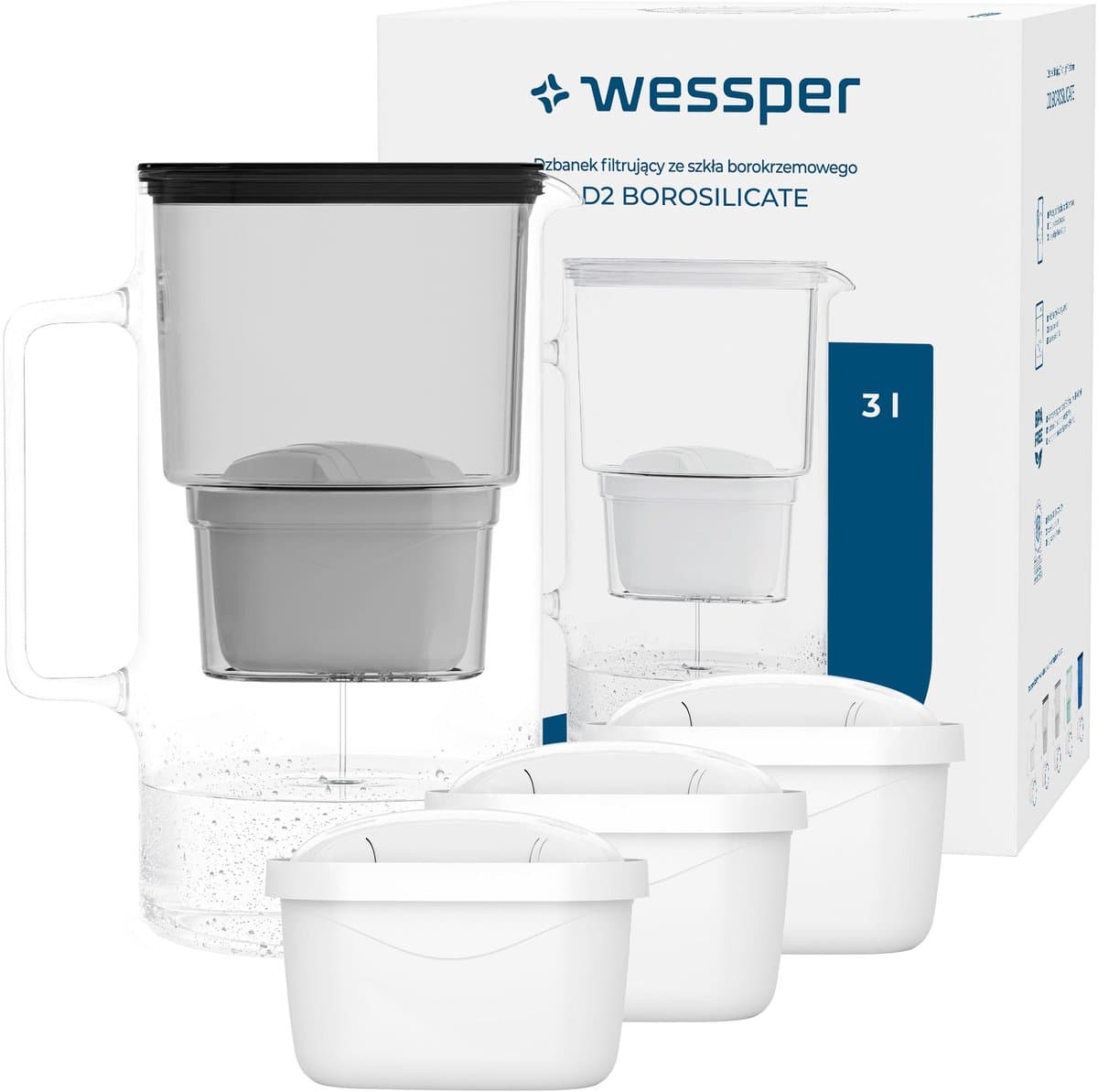Wessper, Waterfilterkan Wessper D2 Borosilicate, glas, 3L, borosilicaatglas, zwart + 4x waterfilter Aquamax standard , waterfilterpatronen, set