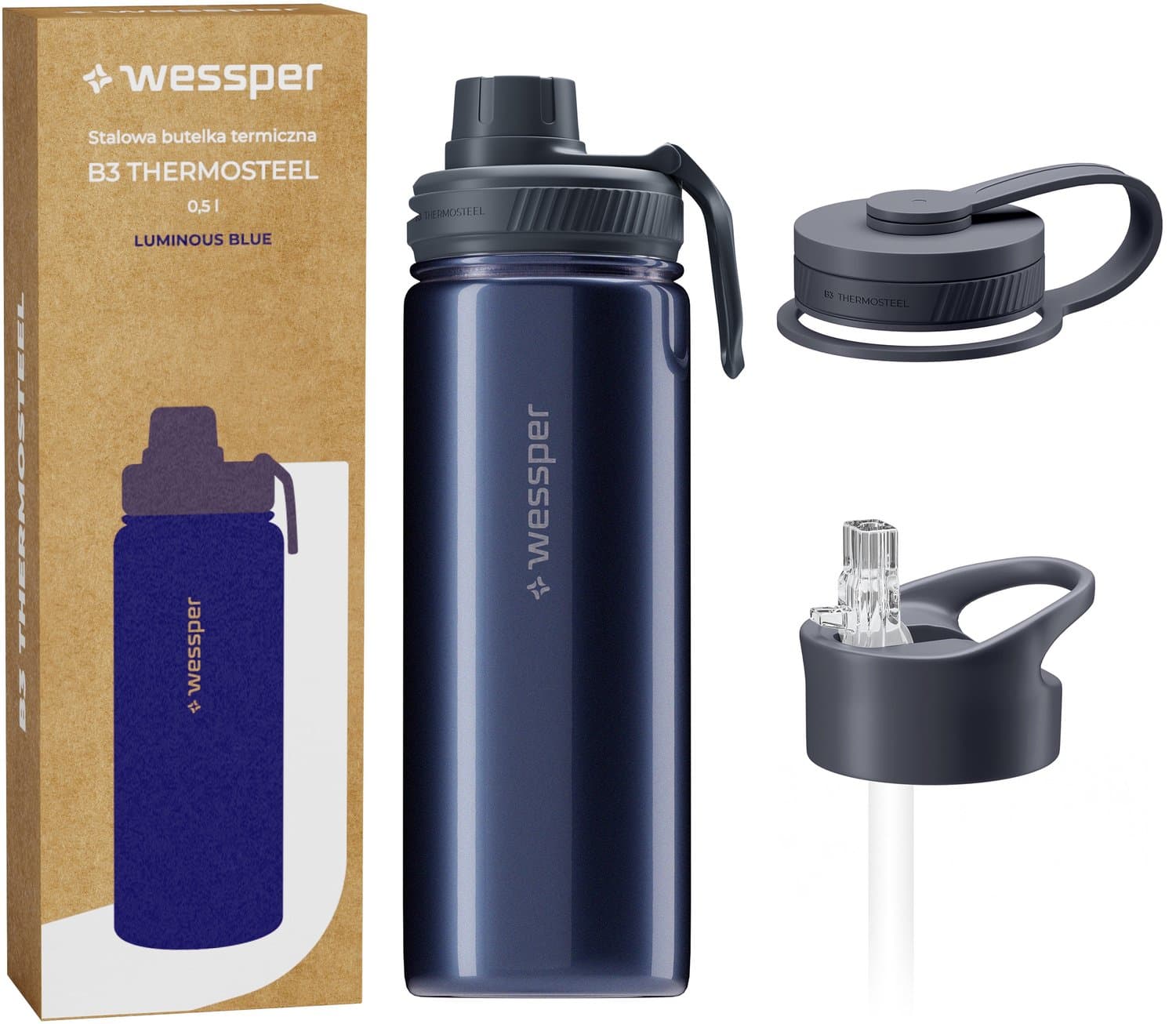 Wessper B3 Thermosteel Thermosfles 500ml - 3 Doppen - RVS