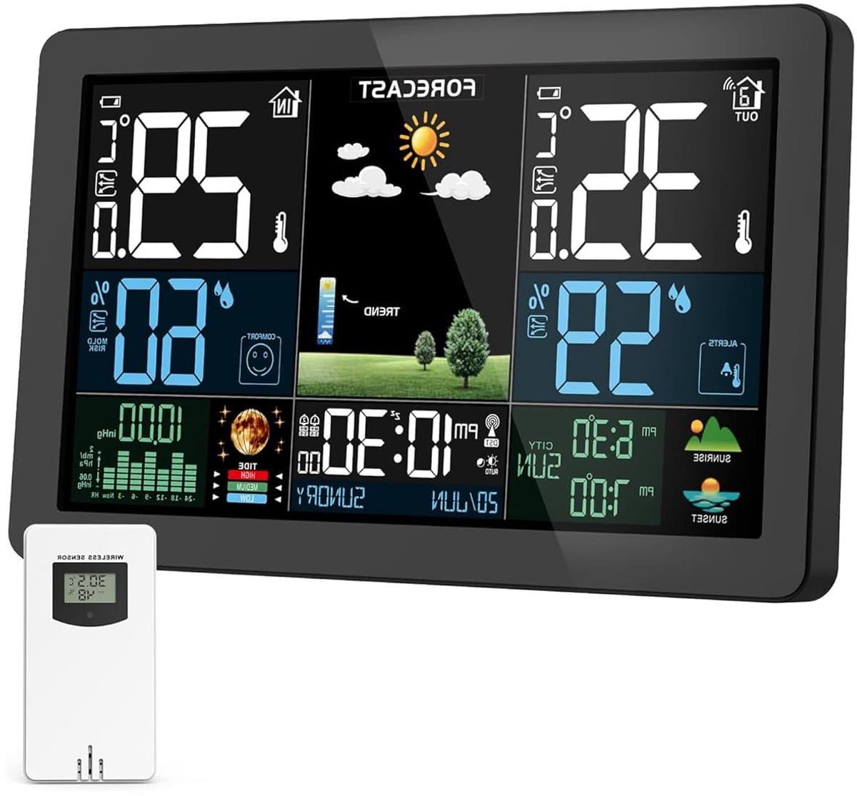 Draadloos Weerstation - Buitensensor Kleurendisplay - Binnenklimaat Monitoren - Weersvoorspelling 12 Uur - 60m Bereik - Zwart