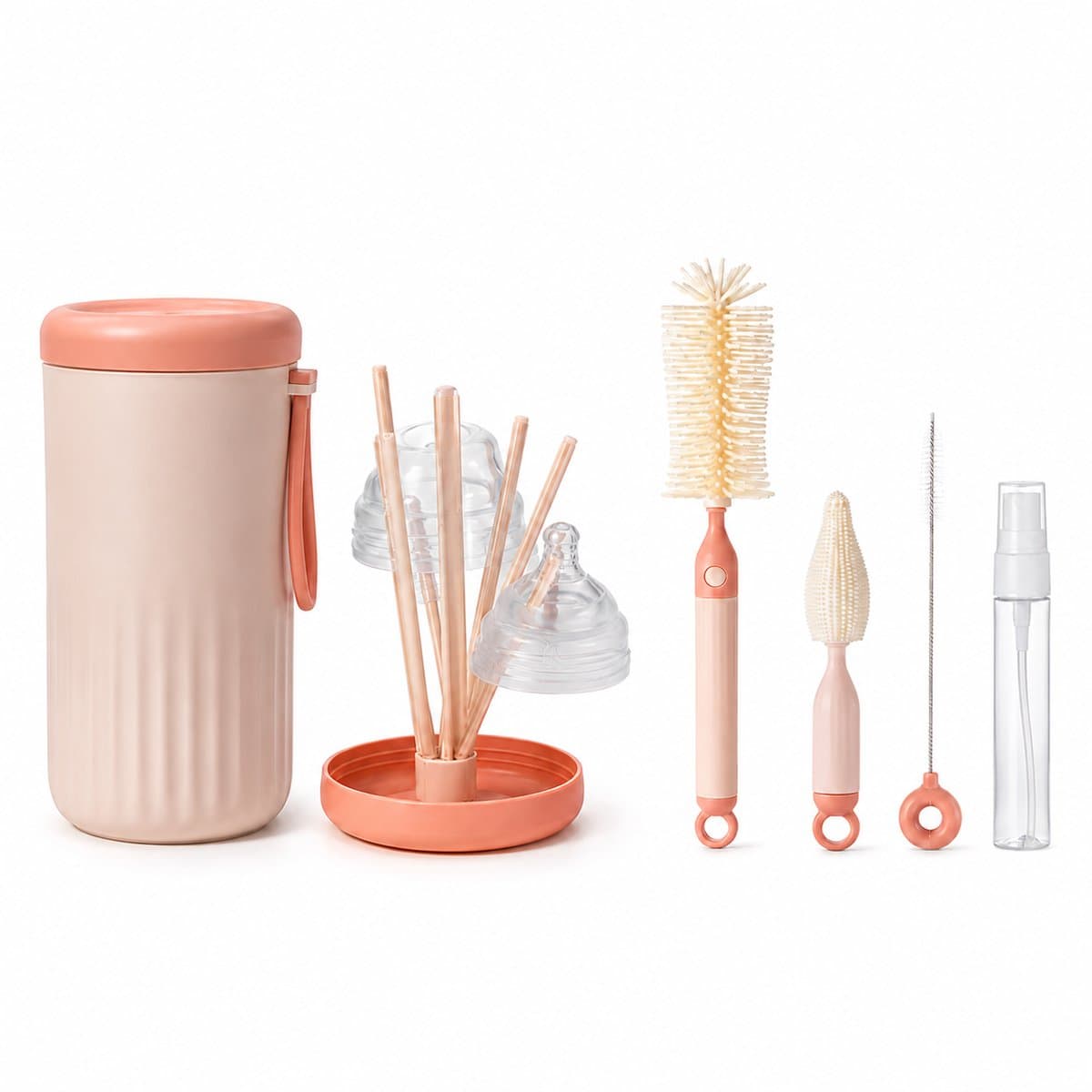 Gloovon® Babyflesborstel Set - Flessenborstel & Speenborstel - BPA-vrij Siliconen - Met Droogrek & Opbergbox - Roze - 6-delig