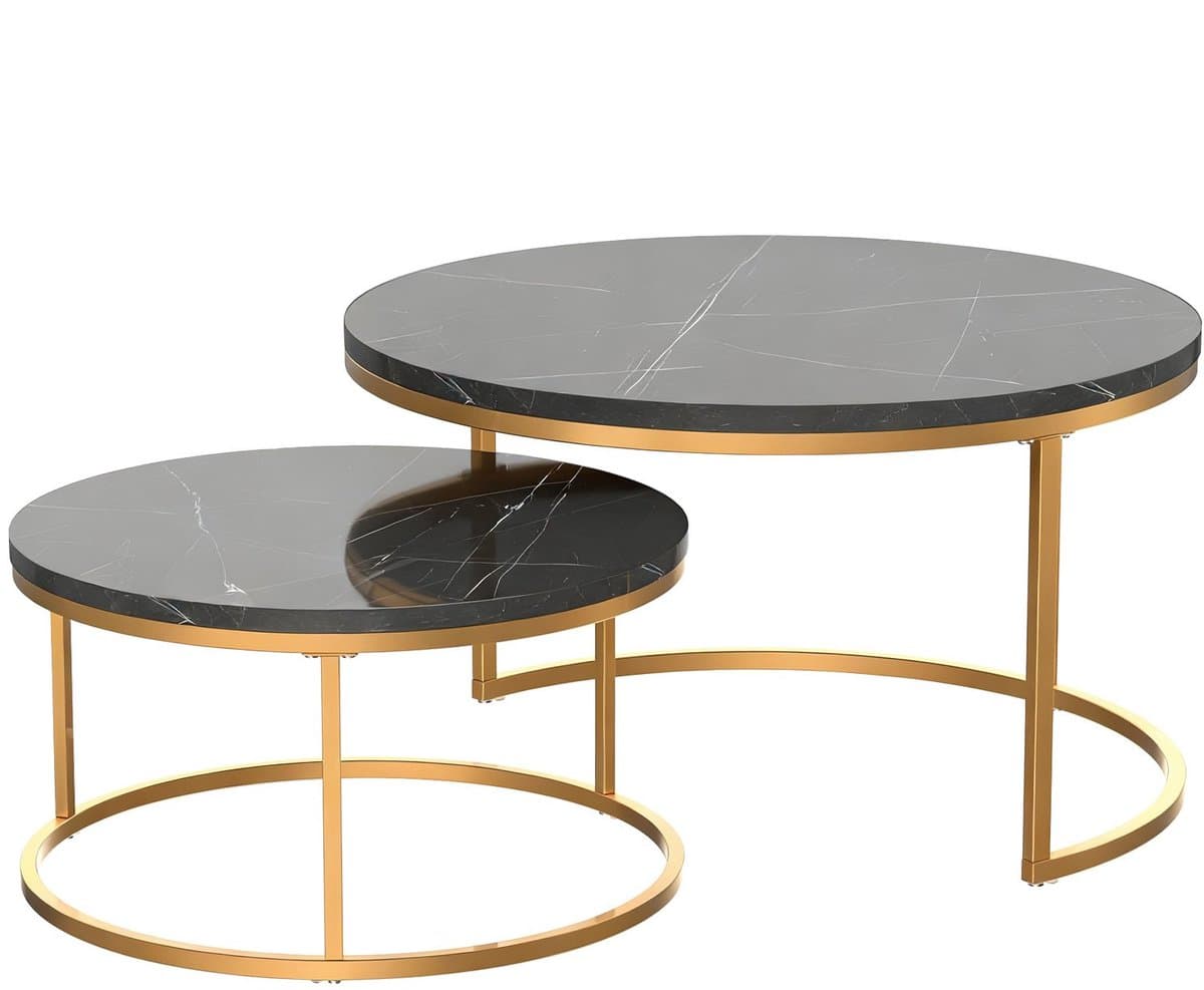 MODFU Moderne ronde salontafel set van 2, zwart tafelblad, goud metalen frame, nesttafels voor woonkamer