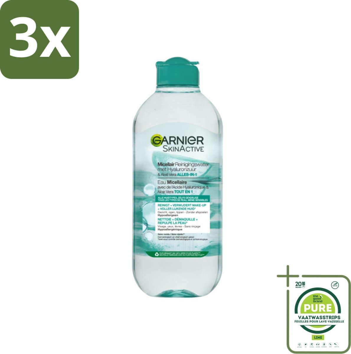 3 x Garnier - SkinActive - Micellair Reinigingswater - Hyaluronzuur & Aloe Vera - 400 ml - Grootverpakking - Micellair Water - Reinigingswater - Hyaluronzuur - Aloë Vera - Make-up Remover