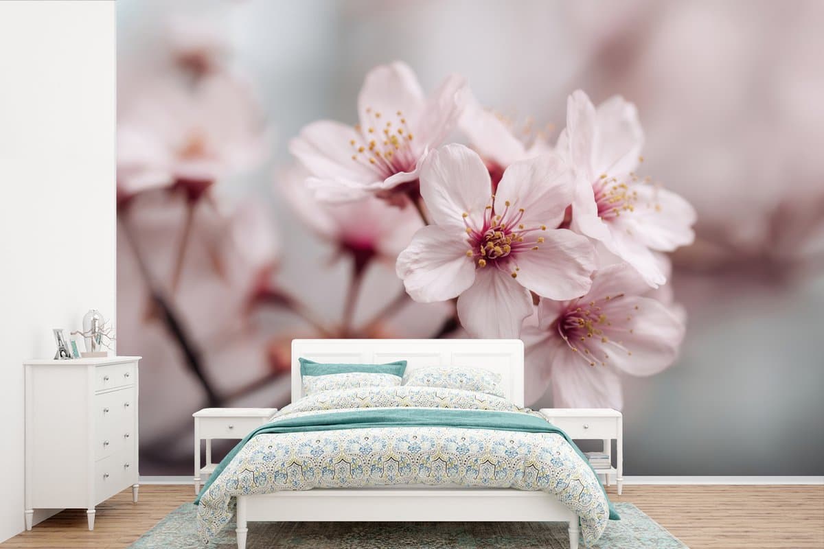 Behang - Fotobehang Bloesems - Meeldraden - Geel - Wazig - Breedte 600 cm x hoogte 400 cm