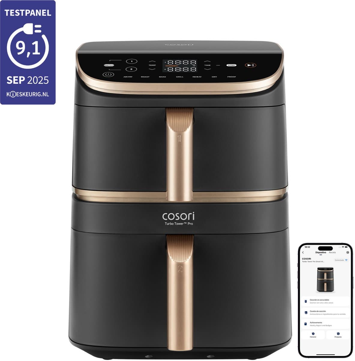 Cosori XXL Airfryer Turbo Tower Pro - Keramische coating - 10.8 liter inhoud - 2 manden apart in te stellen - 7 programma's