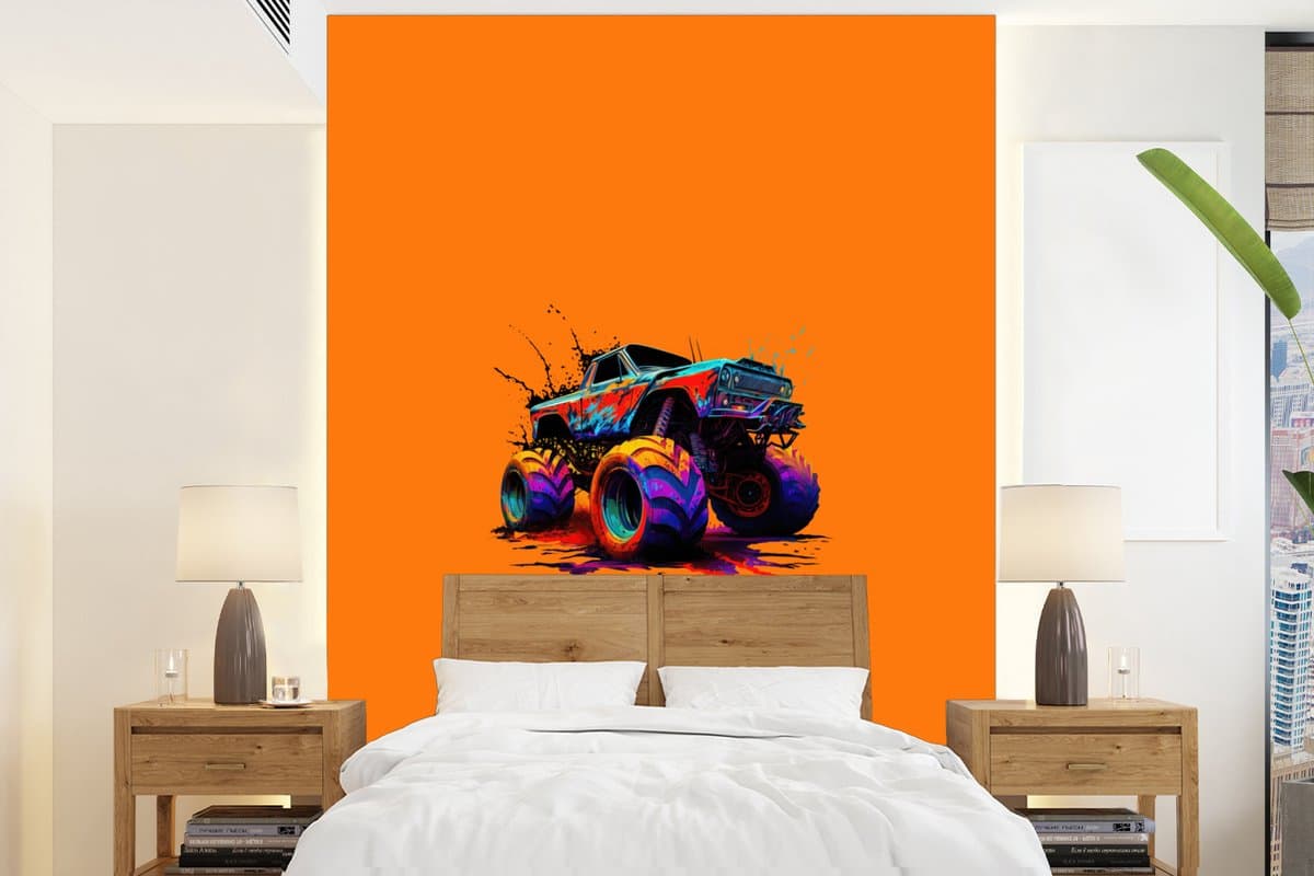 Behang - Fotobehang Monstertruck - Neon - Verf - Oranje - Breedte 160 cm x hoogte 220 cm