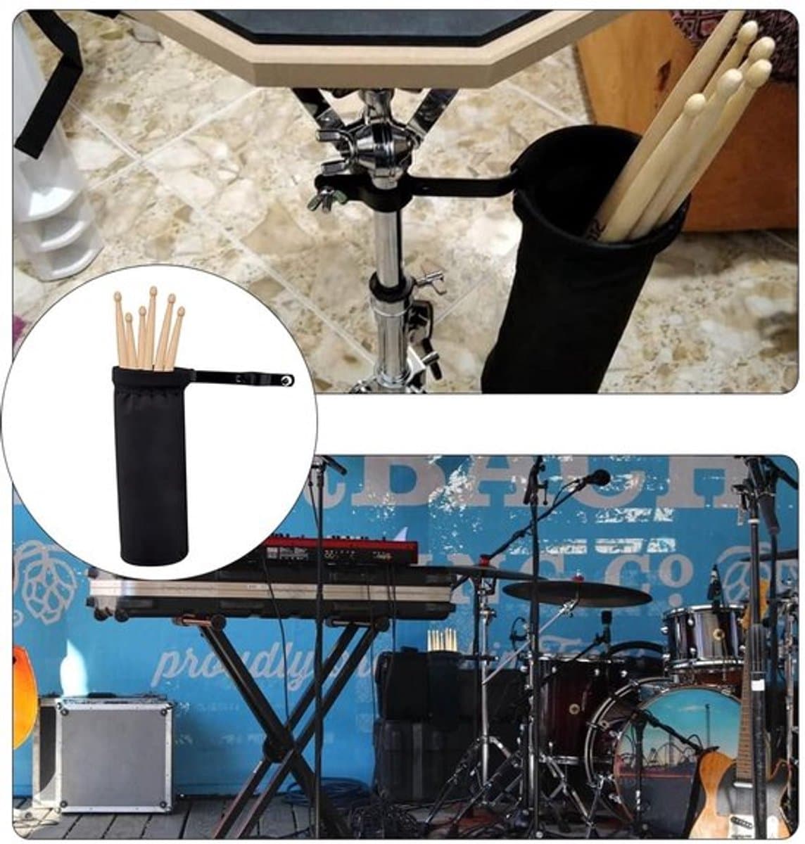 Drumstick Tas - Hoogwaardige Aluminium Klem - Duurzaam - Opbergruimte voor 5 Paar Drumsticks - Geschikt voor Muziekstandaard - Diameter 10 cm - Drumstick Emmer