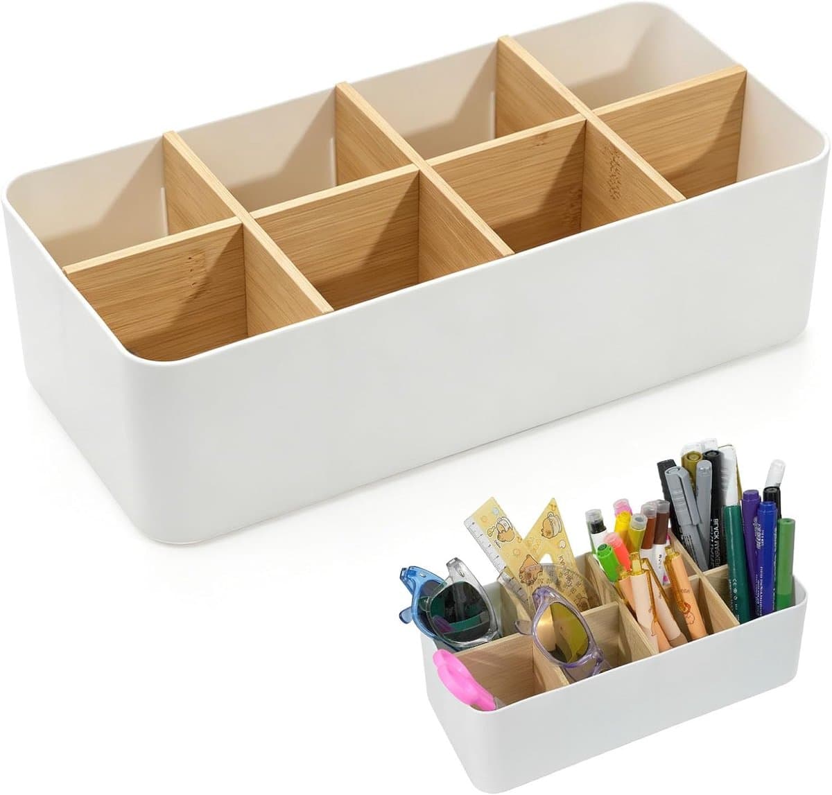 Bureau-organizer, wit, met 8 vakken, kantoororganizer & pennenhouder, bureau, afneembare pennenorganizer van bamboe, tafelorganizer voor kantoor, cosmetica en afstandsbediening