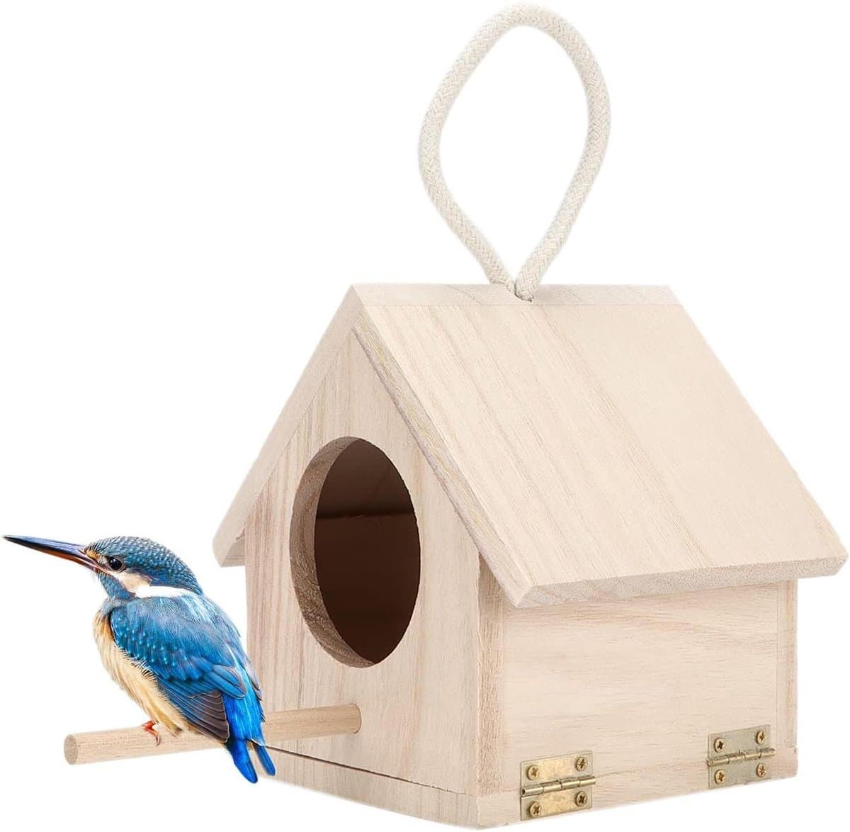 Houten Vogelhuis - Vogelhuisje Buiten - Vogels Voeren - Natuurlijk Hout - 15.5 x 12 x 14.5 cm - Bruin