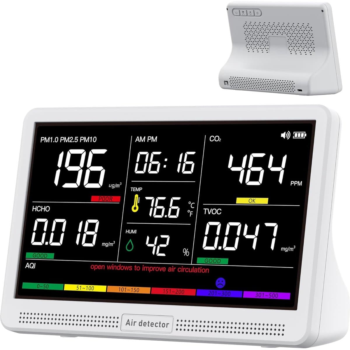 Luchtkwaliteitsmeter Binnen - Luchtmeter Monitor - Binnenklimaat Meten - 16-in-1 Functies - 7 inch Display - Wit