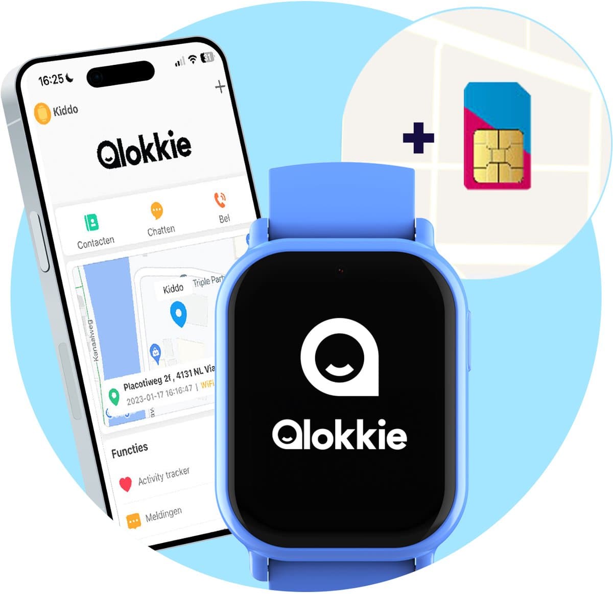 Qlokkie Kiddo Mini - GPS horloge kind - Smartwatch kinderen - GPS tracker kind met nauwkeurige locatiebepaling - GPS horloge kind met simkaart - Stel veilige zones in - SOS functie - Blauw