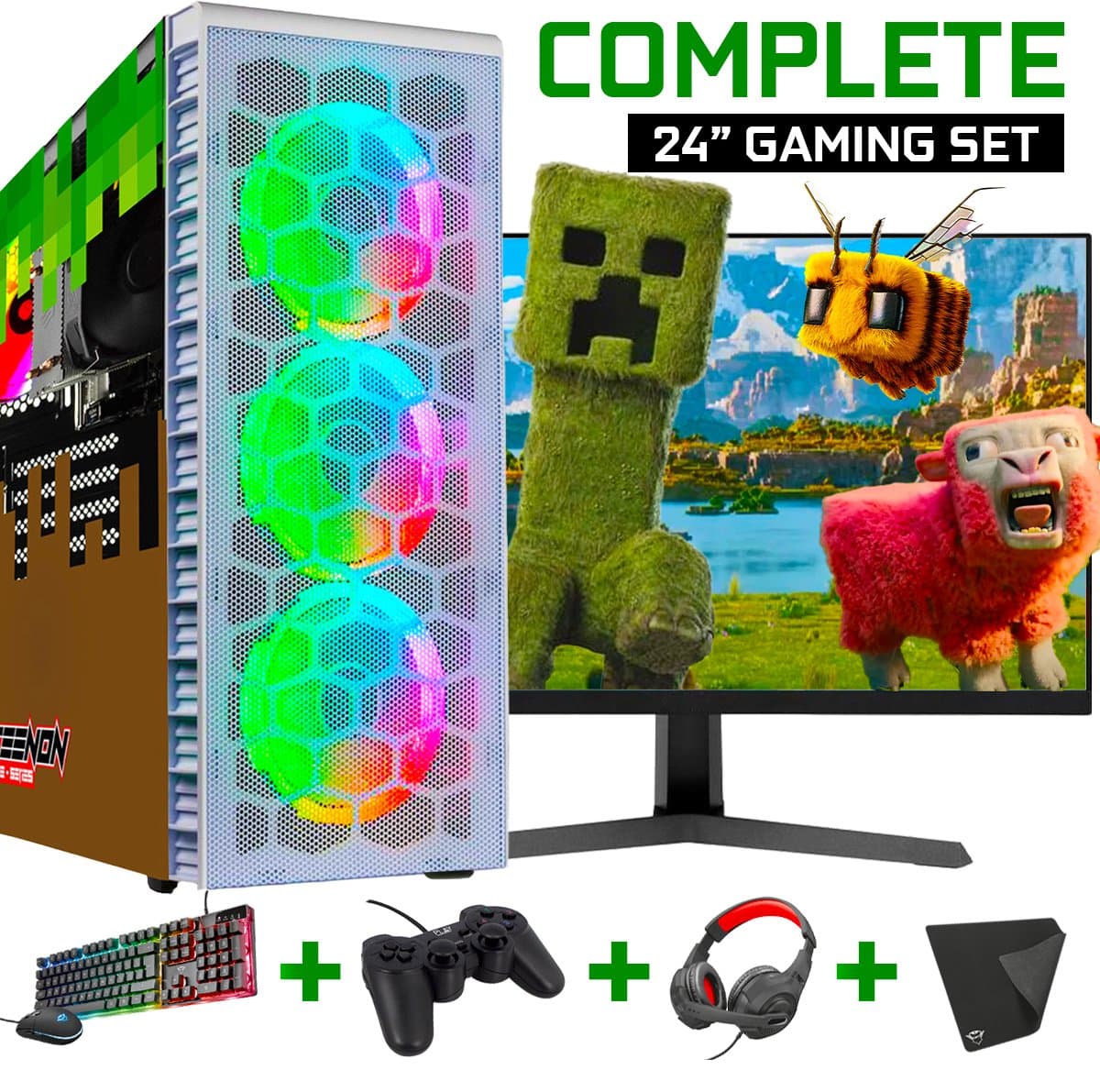 ScreenON - Minecraft Gaming SET White - (GamePC + 24 Inch Monitor + Toetsenbord + Muis + Controller + Headset + Muismat) inclusief WiFi & Bluetooth!