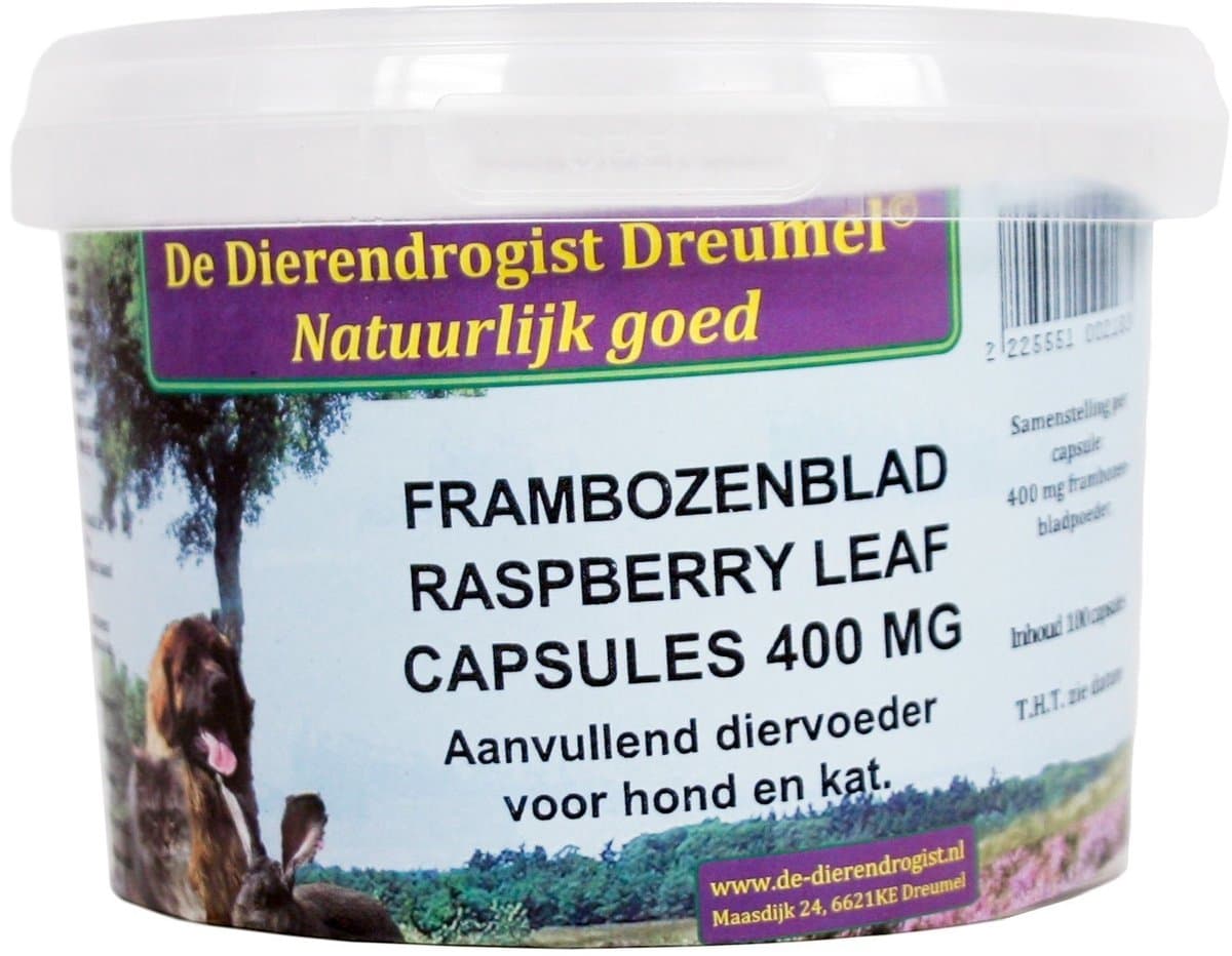 Frambozenblad Capsules 400mg Dierendrogist - Ondersteunt Baarmoeder Honden Katten - 100 Stuks