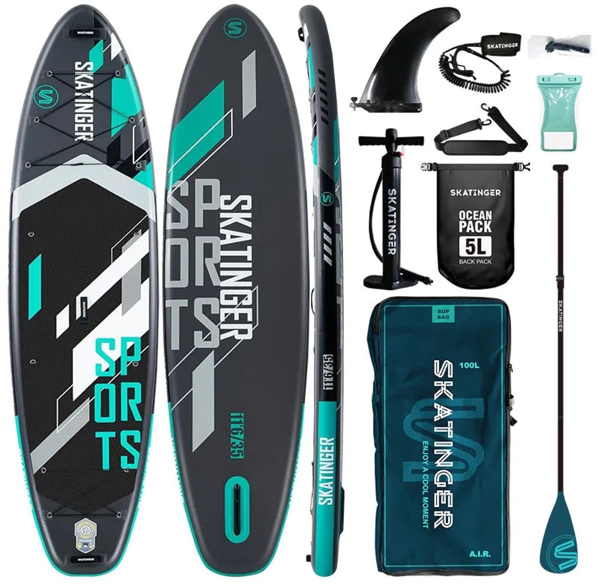 Skatinger Grey Sports Opblaasbaar Yoga SUP Board – Compleet Pakket