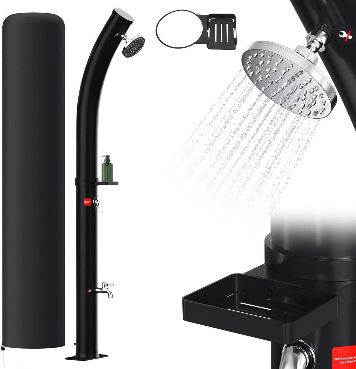 Tuindouche op zonne-energie met 60 liter watertank, draaibare douchekop en voetendouche